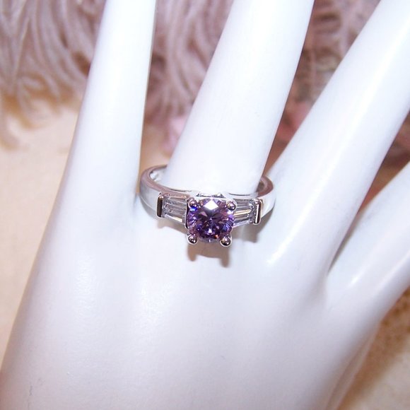 Sterling Silver Lavender Clear Cubic Zirconia CZ Engagement Ring - Size 7 - Picture 2 of 10